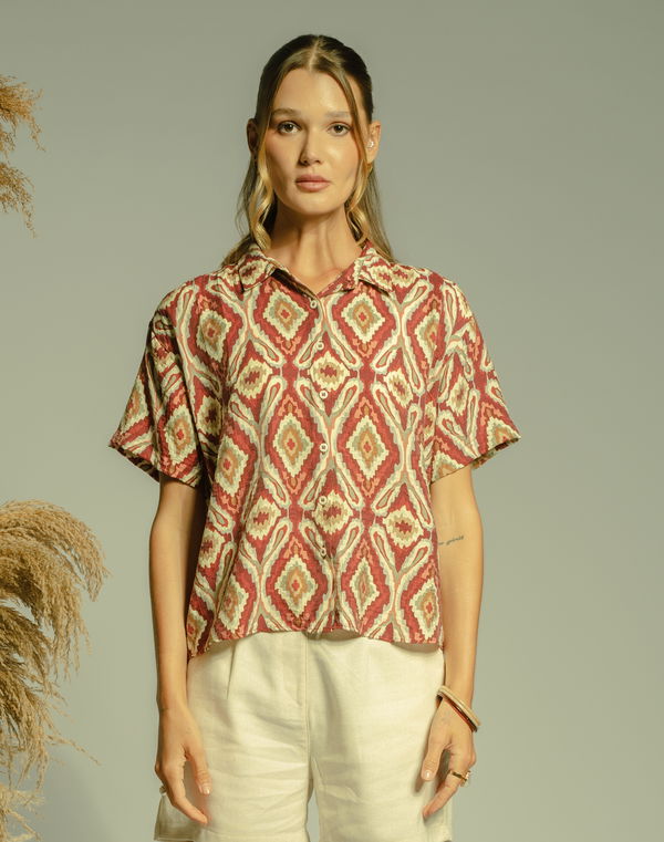 NOLIMIT Women's Casual Printed Blouse - Red/Cream