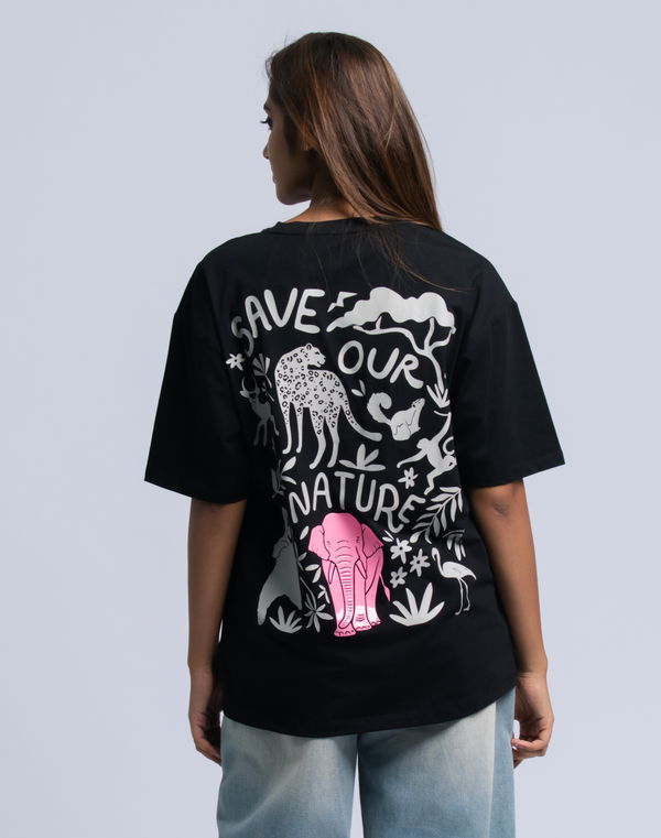 PINK ELEPHANT Women's Gel Print Oversized Graphic T-Shirt Black