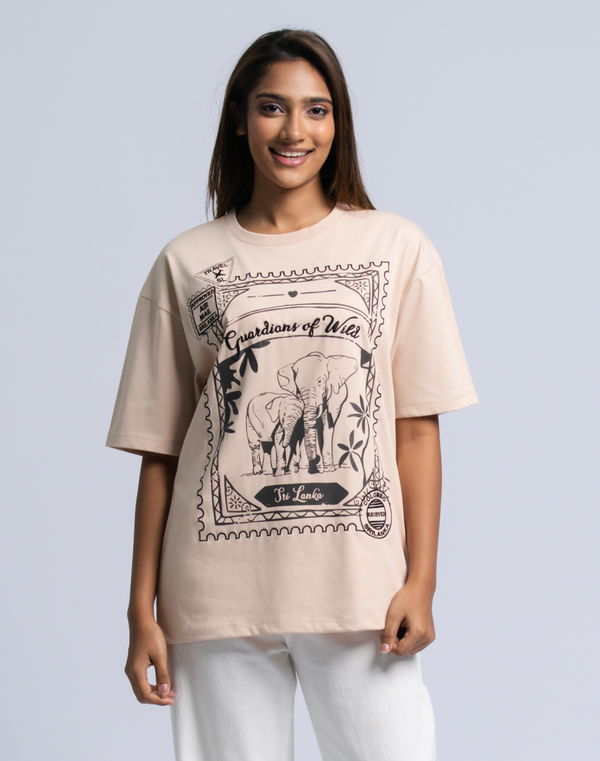 PINK ELEPHANT Women's Oversized Flock Print T-Shirt Beige