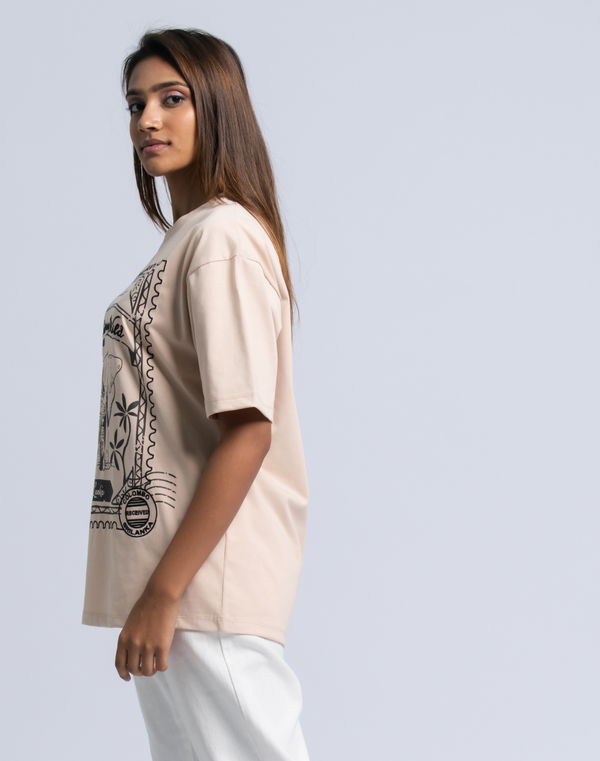PINK ELEPHANT Women's Oversized Flock Print T-Shirt Beige
