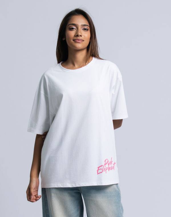 PINK ELEPHANT Women's Oversized Flock Print T-Shirt White