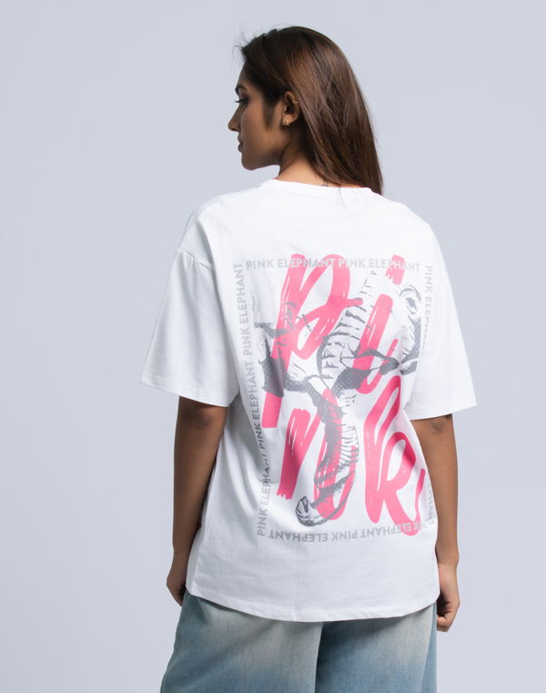 PINK ELEPHANT Women's Oversized Flock Print T-Shirt White