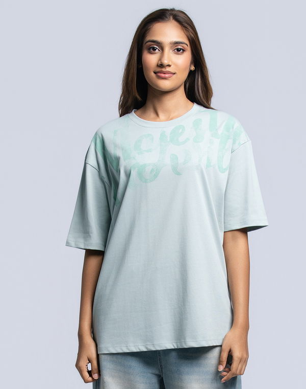 PINK ELEPHANT Women's Oversized Screen Print T-Shirt Sea Green