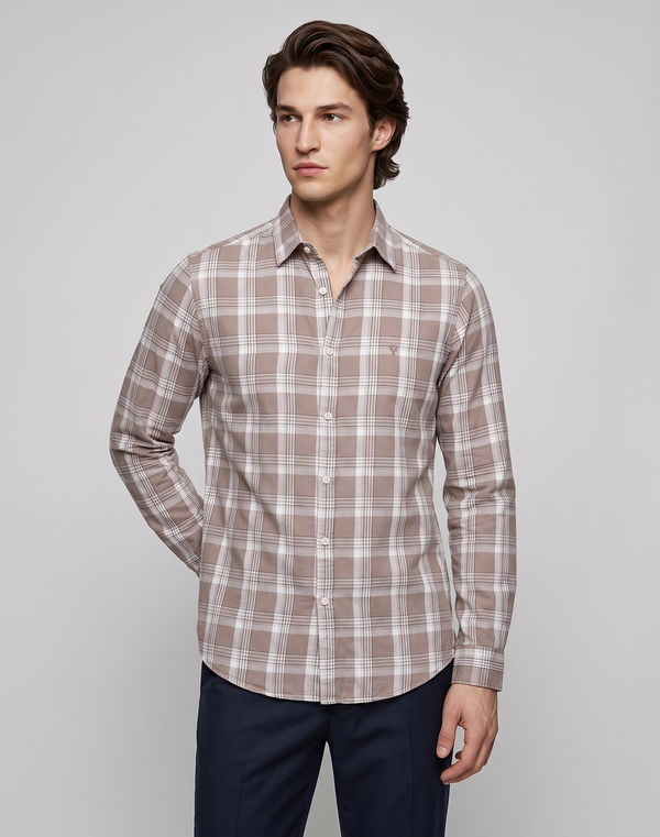 TOM DAVID Men's Slim Fit Casual Check Cotton Shirt Brown