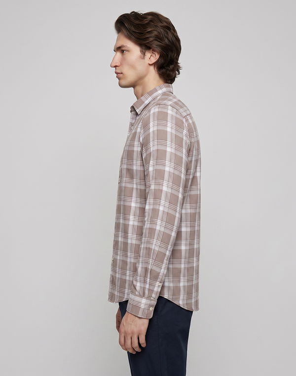 TOM DAVID Men's Slim Fit Casual Check Cotton Shirt Brown