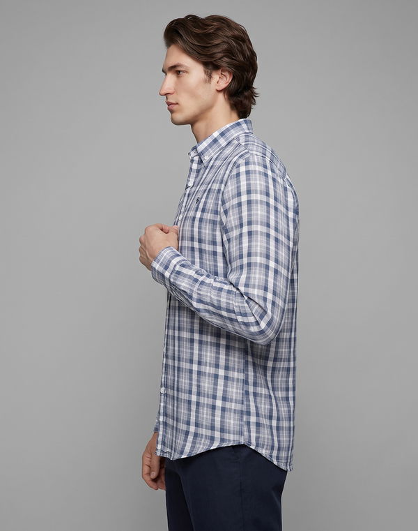 TOM DAVID Men's Slim Fit Casual  Check Cotton Shirt Gray