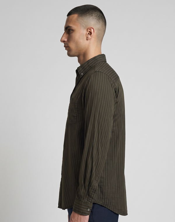 TOM DAVID Men's Slim Fit Stripe Cotton Shirt Olive
