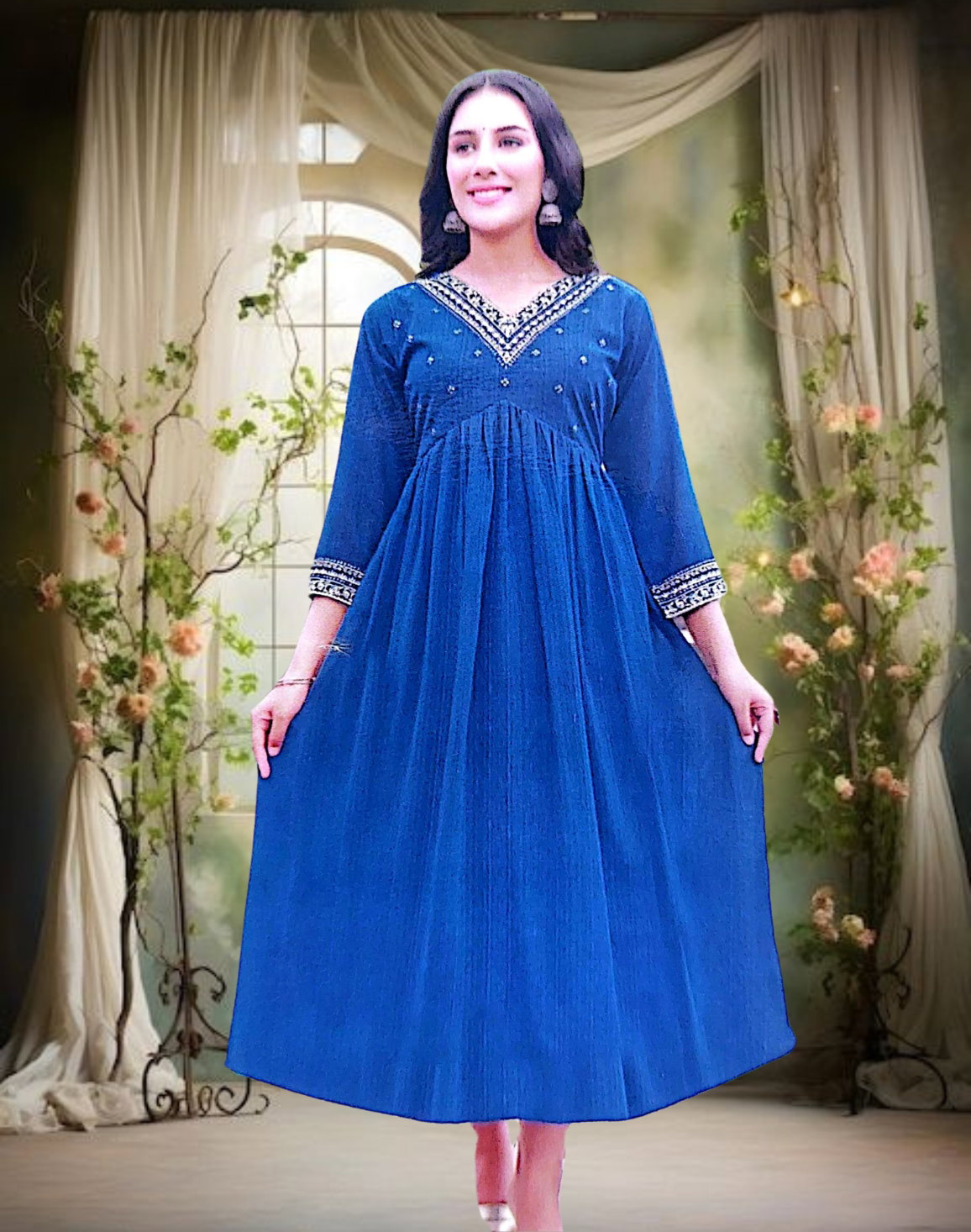 Women's Thread Work V Neck Frock Style Knee Length Kurta Teal Blue