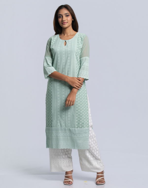 Women's Knee Length Embroidery Kurta Green