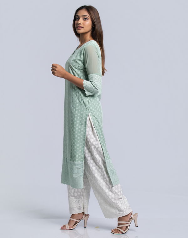 Women's Knee Length Embroidery Kurta Green