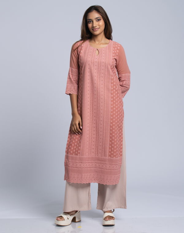 Women's Knee Length Embroidery Kurta Mauve