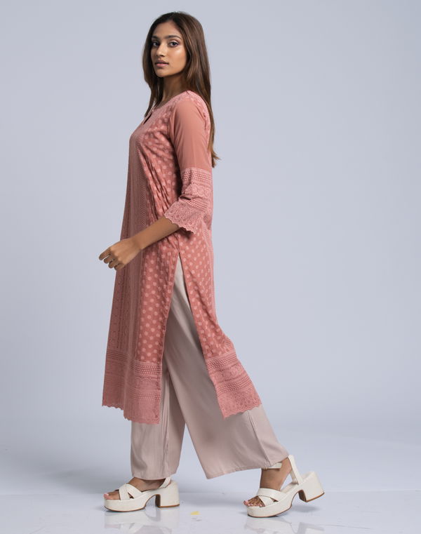 Women's Knee Length Embroidery Kurta Mauve