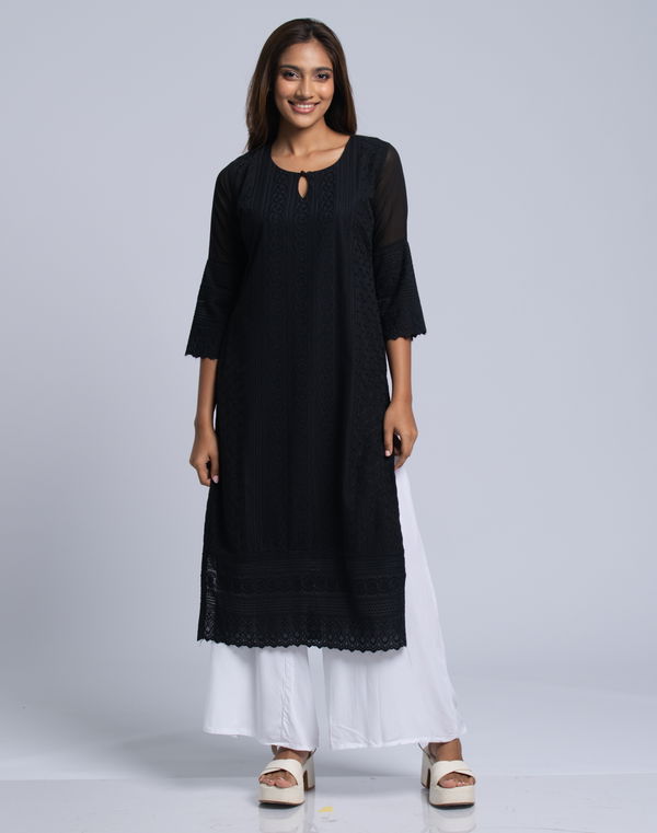Women's Notch Neck Frock Style Kurta Black