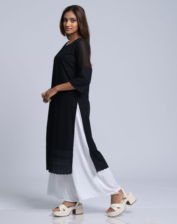 Women's Notch Neck Frock Style Kurta Black