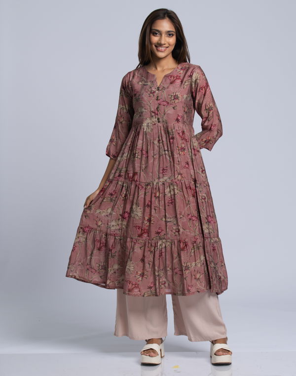 Women's Notch Neck Frock Style Kurta Pink