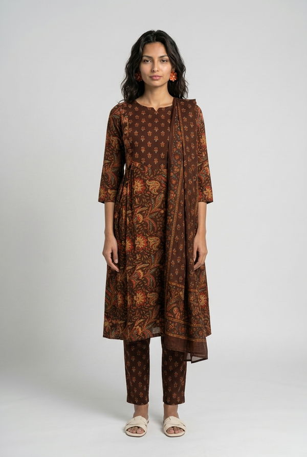 Women's Frock Style Crew Neck Printed Shalwar Brown