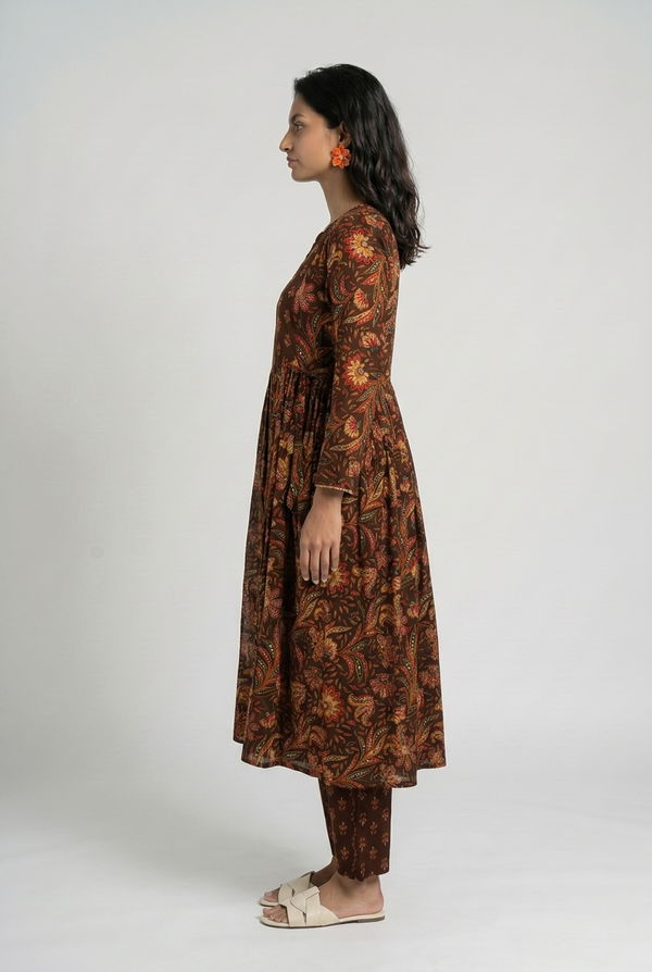Women's Frock Style Crew Neck Printed Shalwar Brown