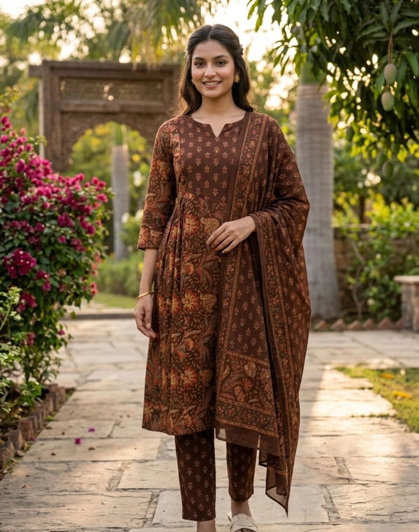 Women's Frock Style Crew Neck Printed Shalwar Brown