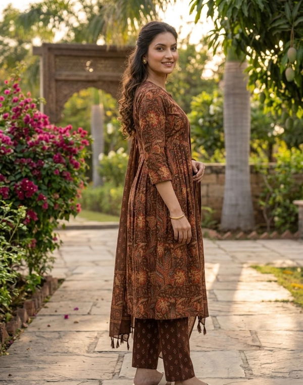 Women's Frock Style Crew Neck Printed Shalwar Brown