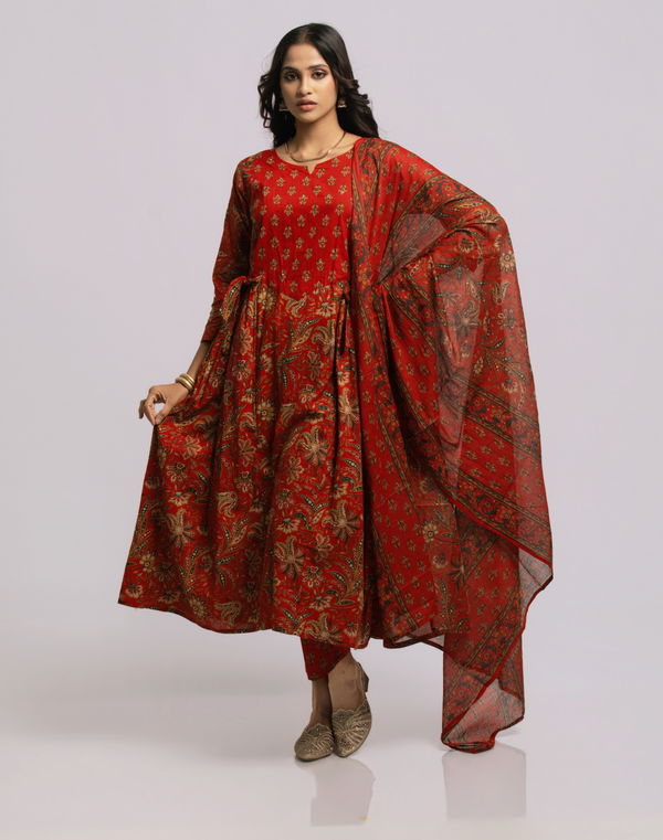 Women's Frock Style Crew Neck Printed Shalwar Red