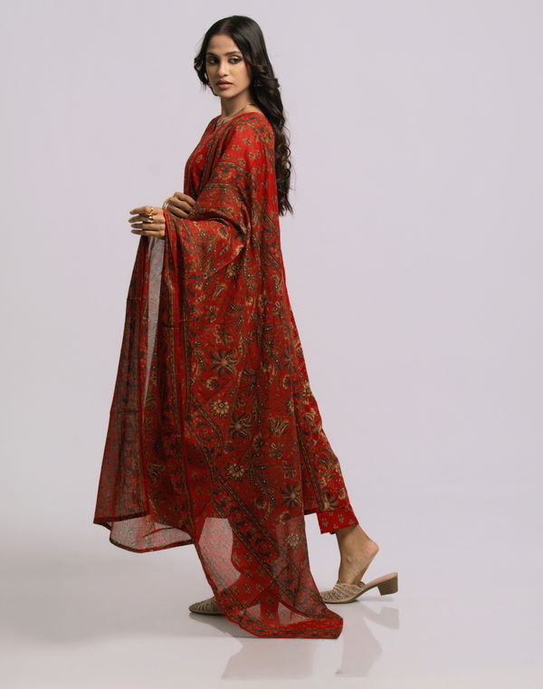 Women's Frock Style Crew Neck Printed Shalwar Red