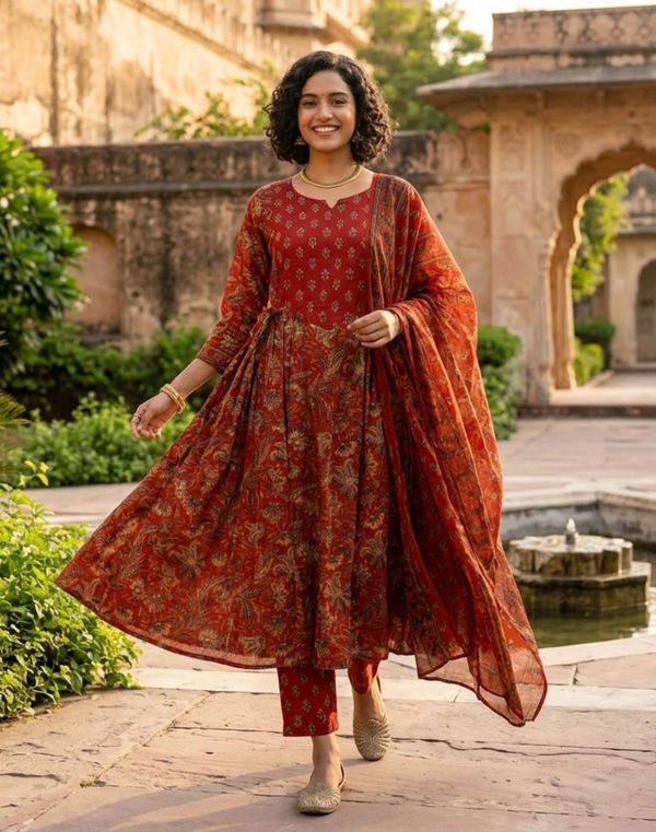 Women's Frock Style Crew Neck Printed Shalwar Red