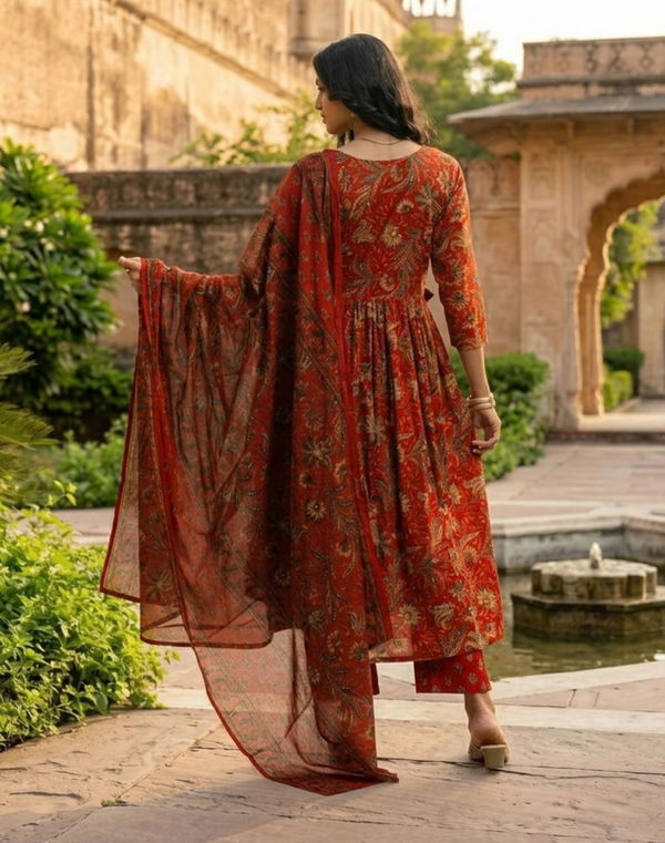 Women's Frock Style Crew Neck Printed Shalwar Red
