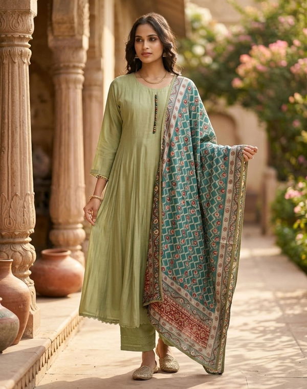 Women's Frock Style Crew Neck Shalwar Green