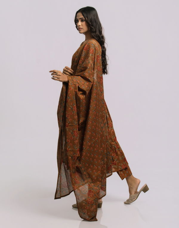 Women's Frock Style Notch Neck Printed Shalwar Tan
