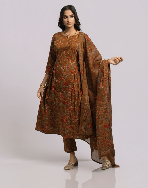 Women's Frock Style Notch Neck Printed Shalwar Tan