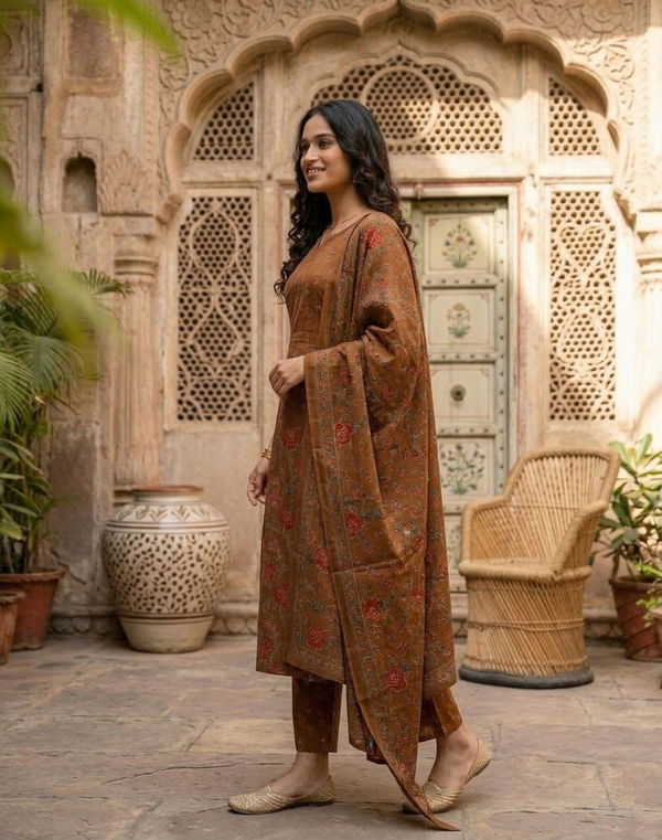 Women's Frock Style Notch Neck Printed Shalwar Tan