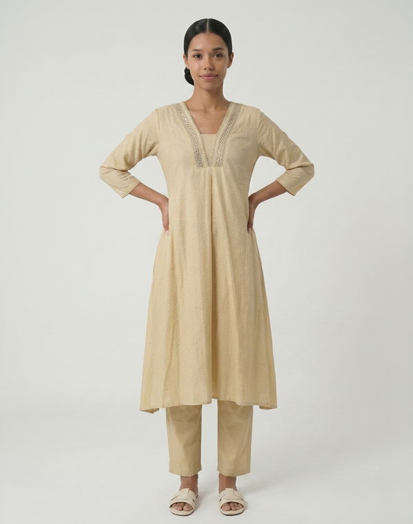 Women's Frock Style V Neck Printed Shalwar Cream