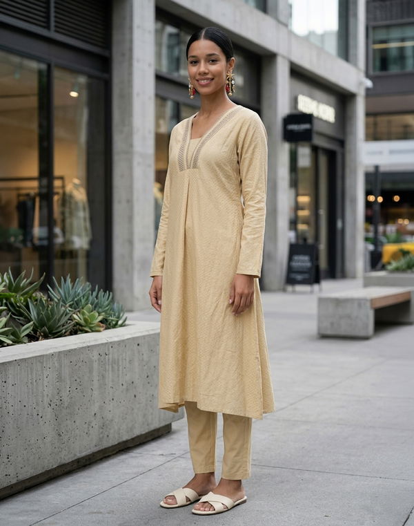 Women's Frock Style V Neck Printed Shalwar Cream