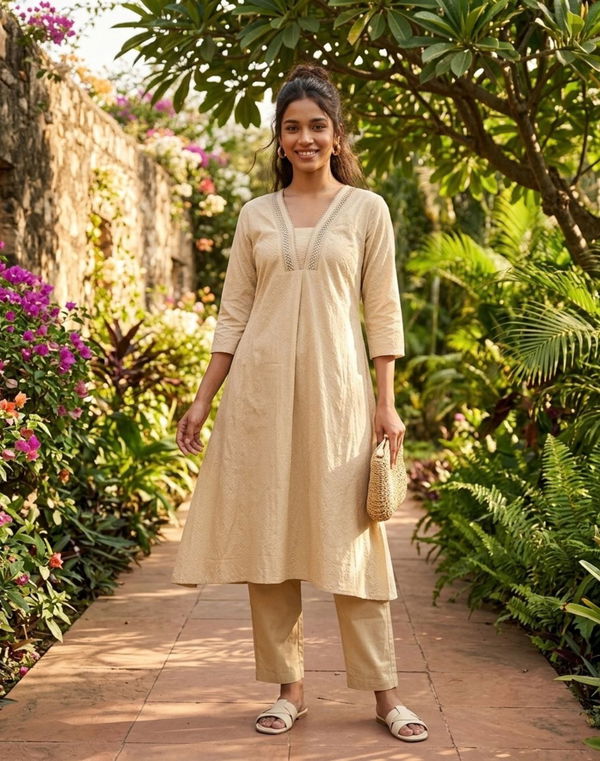 Women's Frock Style V Neck Printed Shalwar Cream