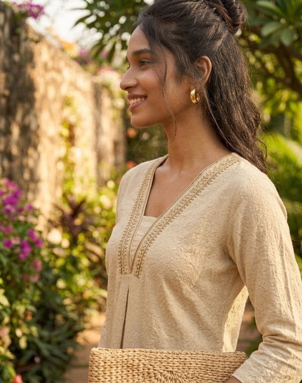 Women's Frock Style V Neck Printed Shalwar Cream