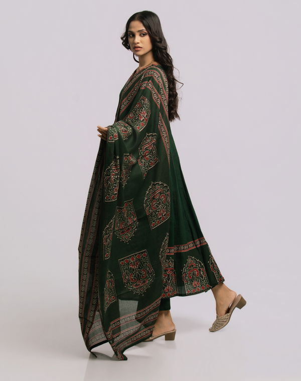 Women's Frock Style V Neck Printed Shalwar Green