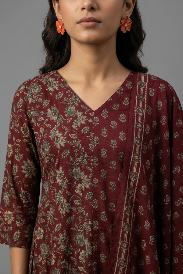 Women's Frock Style V Neck Printed Shalwar Maroon