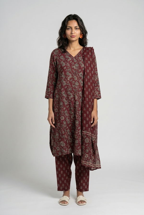 Women's Frock Style V Neck Printed Shalwar Maroon