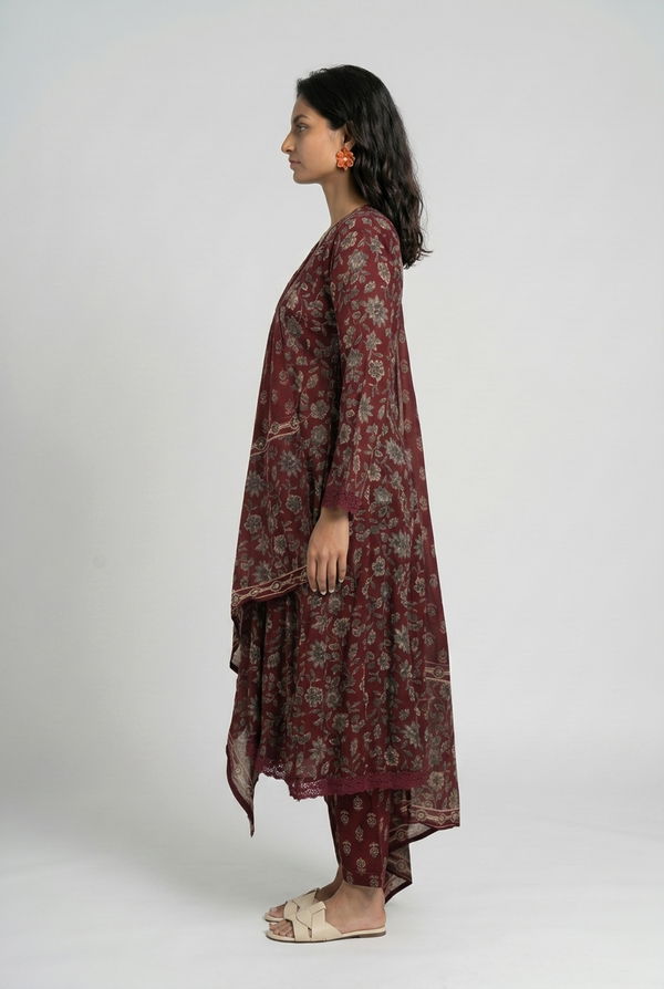 Women's Frock Style V Neck Printed Shalwar Maroon