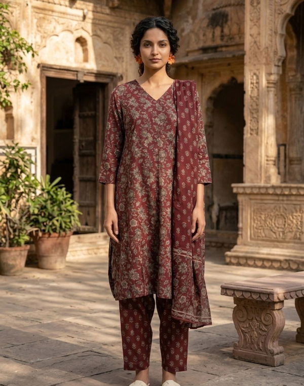 Women's Frock Style V Neck Printed Shalwar Maroon