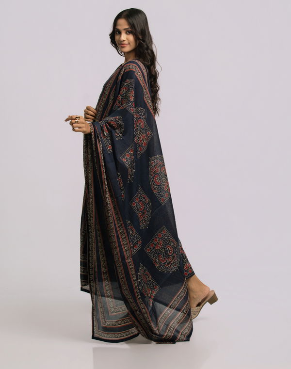 Women's Frock Style V Neck Printed Shalwar Navy