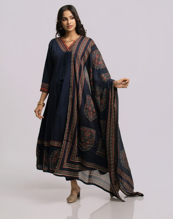 Women's Frock Style V Neck Printed Shalwar Navy