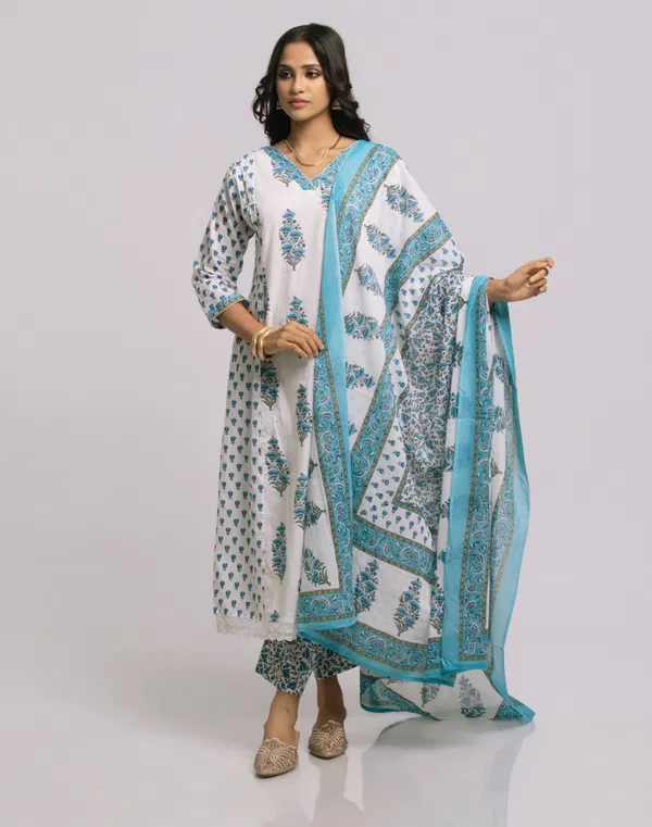 Women's Frock Style V Neck Printed Shalwar White