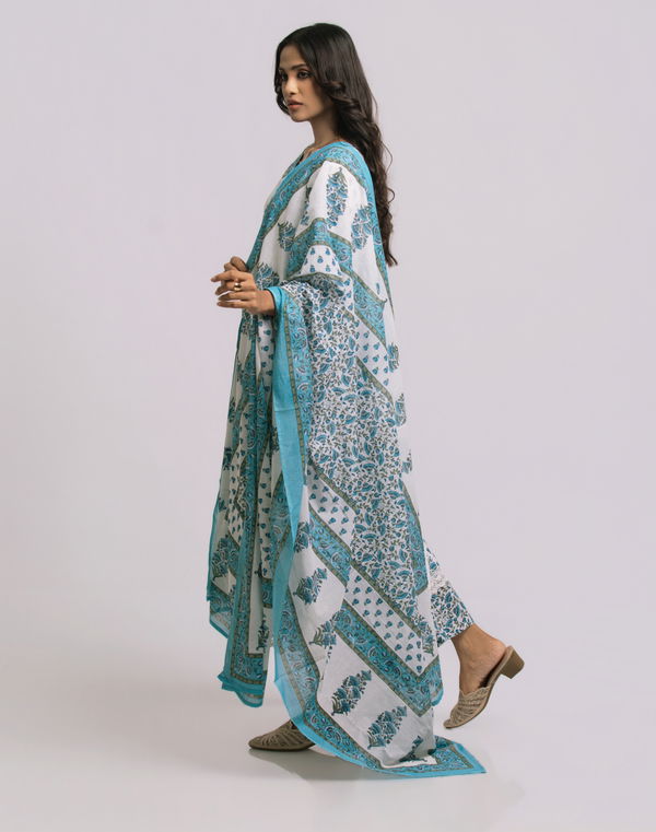 Women's Frock Style V Neck Printed Shalwar White