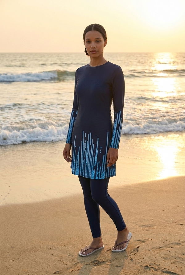 Women's Printed 3 Pcs Burkini Navy Blue