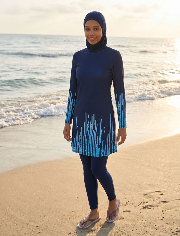 Women's Printed 3 Pcs Burkini Navy Blue