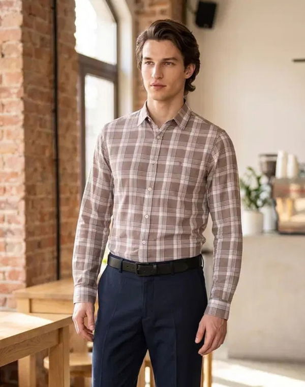 TOM DAVID Men's Slim Fit Casual Check Cotton Shirt Brown