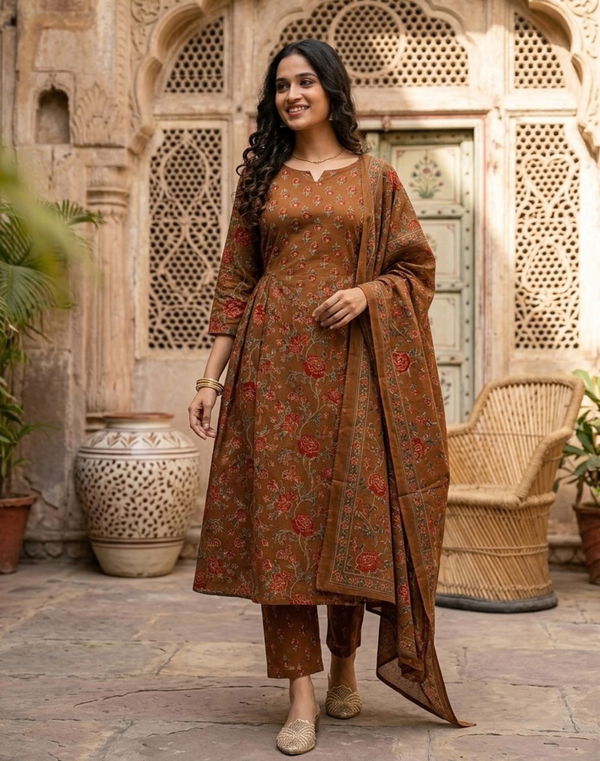 Women's Frock Style Notch Neck Printed Shalwar Tan