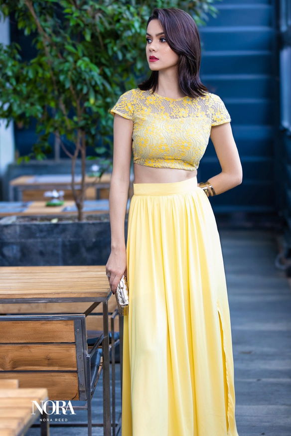 LACE CROP TOP , SIDE SLIT MAXI SKIRT TWO PIECE SET YELLOW