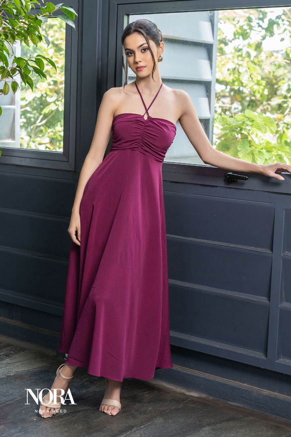 HALTER NECK FRONT GATHERED DETAIL MAXI DRESS PLUM PURPLE